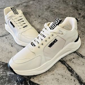 NEW! Versace Men's White Canvas & Leather Logo Sneakers Shoes